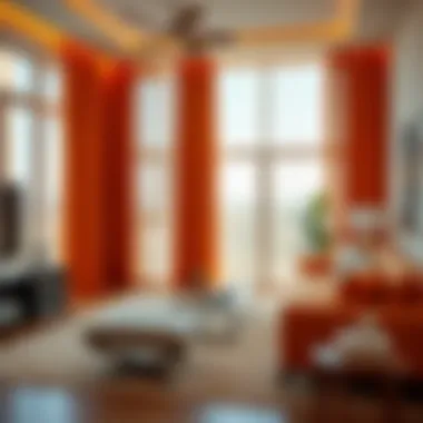 Stylish living room featuring orange curtains and contemporary furniture