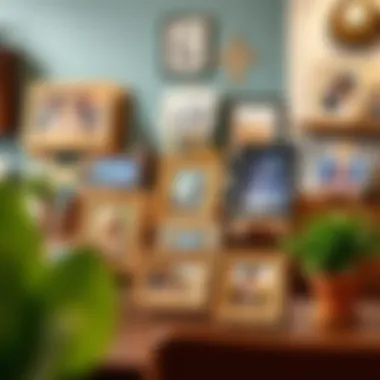 Creative arrangement of various picture display stands with diverse styles