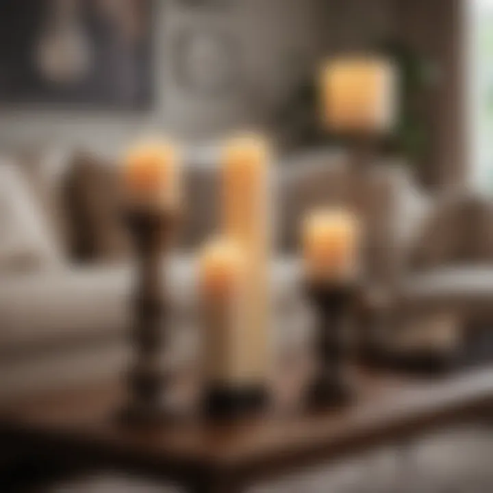 A cozy living room featuring pillar candles as a centerpiece on a coffee table.