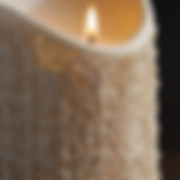 Close-up of a beautifully designed pillar candle with intricate patterns.