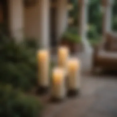 A serene outdoor setting with pillar candles illuminating the space.