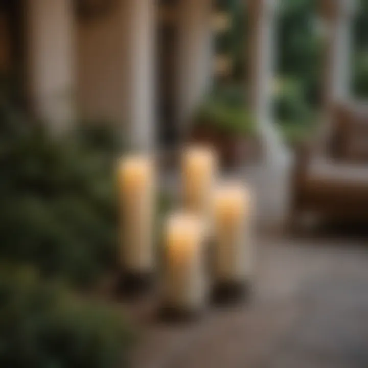 A serene outdoor setting with pillar candles illuminating the space.