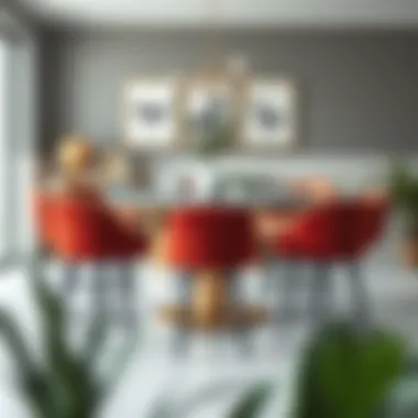 Stylish round velvet bar stools arranged around a contemporary dining table