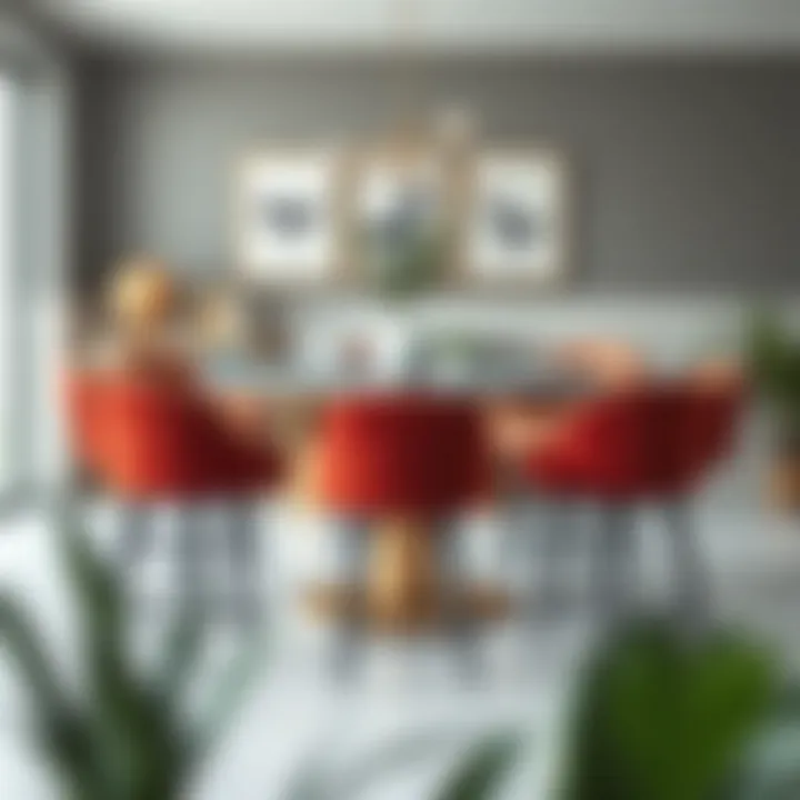 Stylish round velvet bar stools arranged around a contemporary dining table