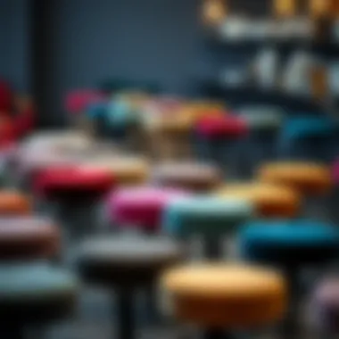 Variety of colors and styles of round velvet bar stools displayed