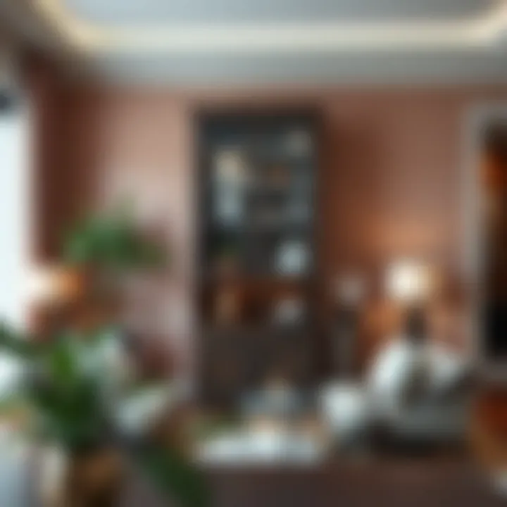 Tall China Cabinet in Modern Interior Stylish interior with a tall china cabinet showcasing decorative items