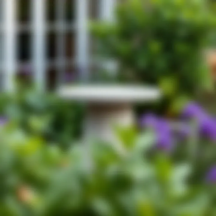 Elegant stone side table surrounded by greenery