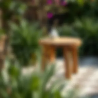 Stylish rustic wooden side table in garden setting