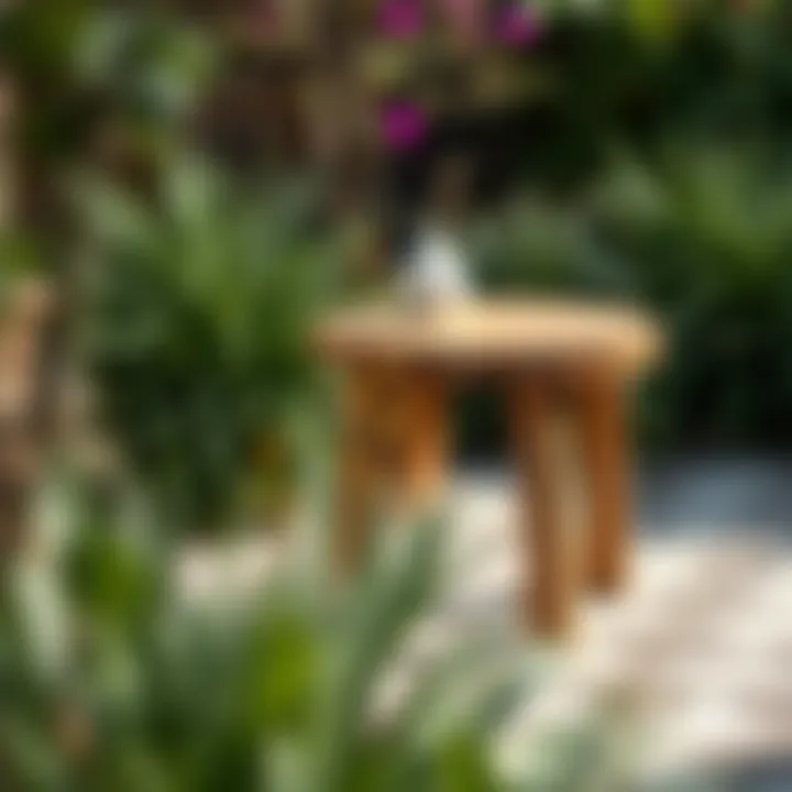 Stylish rustic wooden side table in garden setting