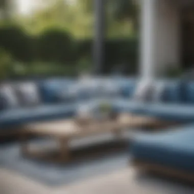 Elegant blue and gray outdoor cushions arranged on a patio