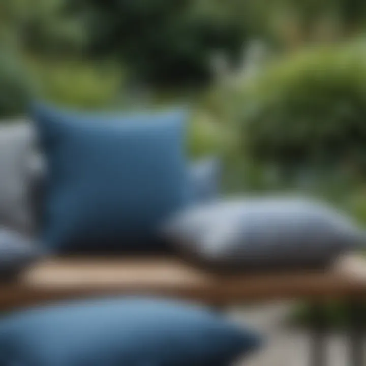 Stylish blue and gray cushions complementing a garden setting