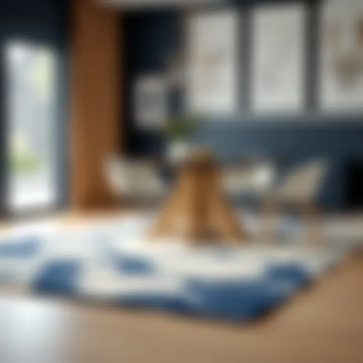 Contemporary Dining Space with Navy and Cream Area Rug Navy and cream area rug complementing a contemporary dining space