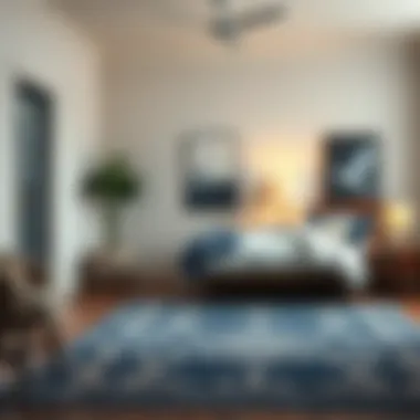 Cozy Bedroom Featuring Navy and Cream Area Rug Stylish navy and cream area rug placed in a cozy bedroom setting