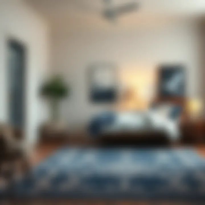 Cozy Bedroom Featuring Navy and Cream Area Rug Stylish navy and cream area rug placed in a cozy bedroom setting
