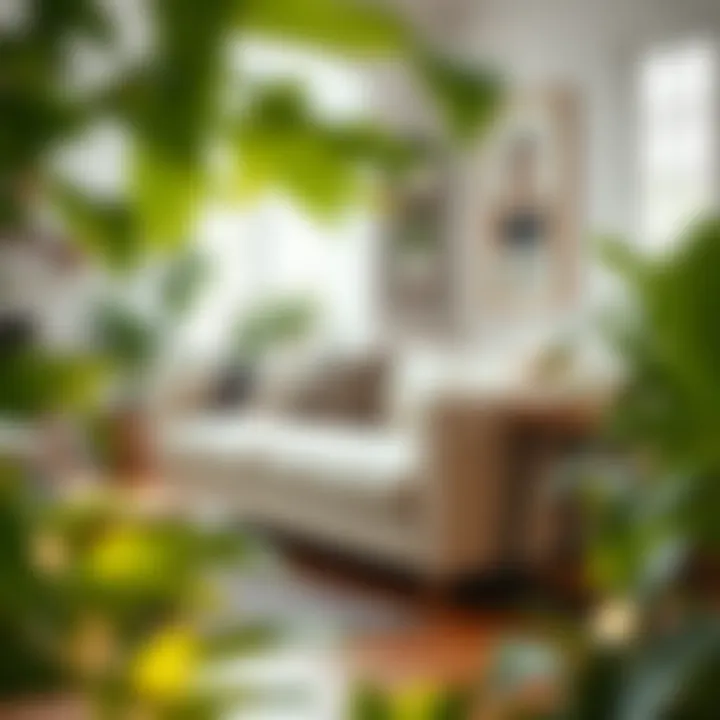 Cozy Living Space with Natural Elements Cozy off-white leather sofa surrounded by greenery