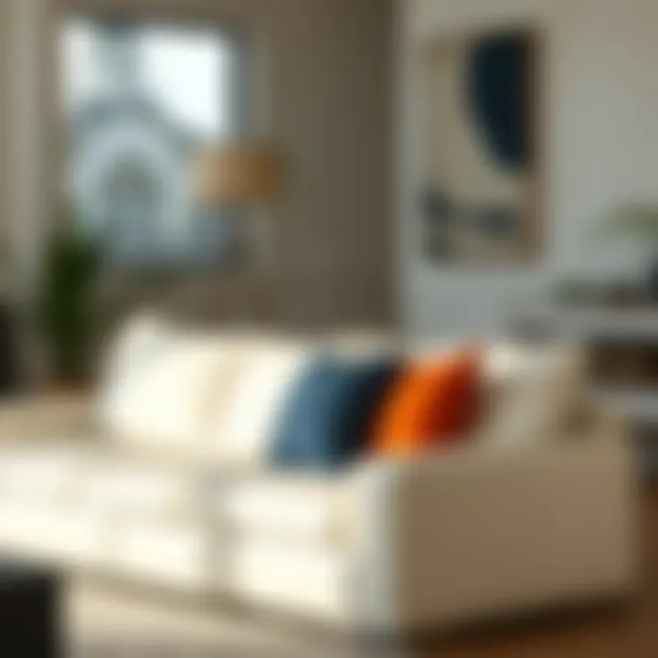 Elegant Design with Colorful Accents Elegant off-white leather sofa paired with vibrant cushions