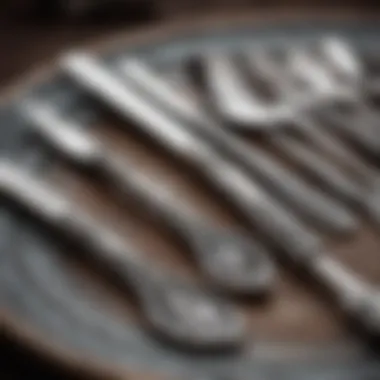 Close-up of intricate details on rustic silverware