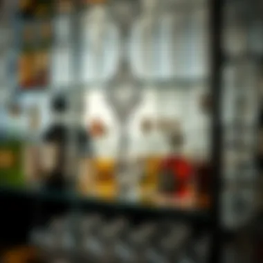 Intricate Glass Designs in Modern Cabinet Close-up of intricate glass designs in a modern liquor cabinet.