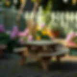 Charming mini picnic table set in a garden setting