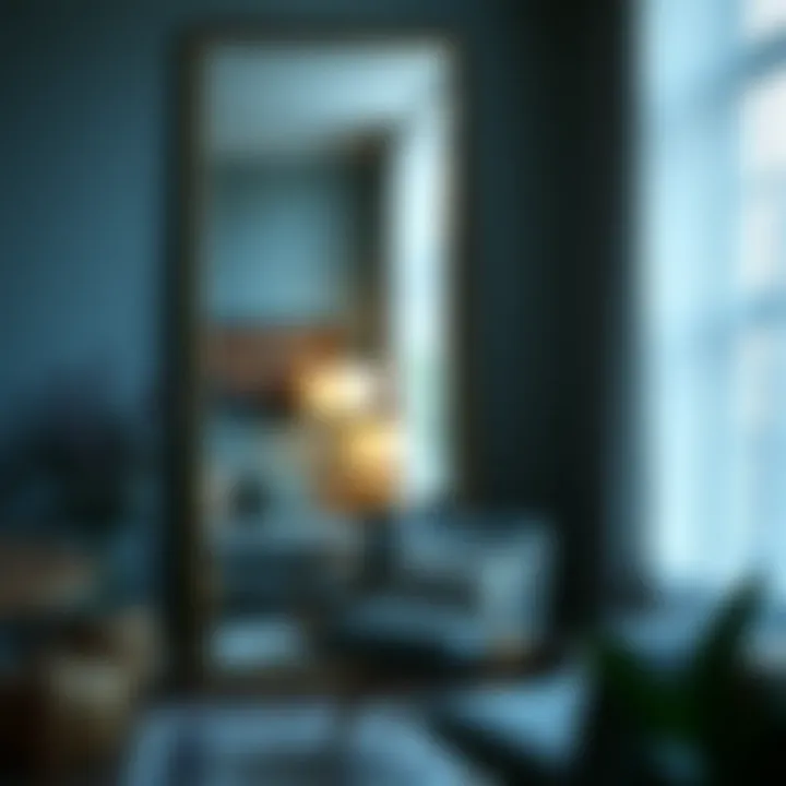 Enhanced Ambiance in a Reading Space Giant leaning mirror enhancing a cozy reading nook