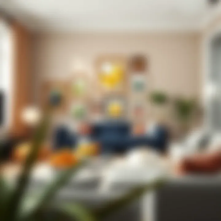 Modern Living Room with Fruit Frames An artistic arrangement of various fruit picture frames set in a modern living room