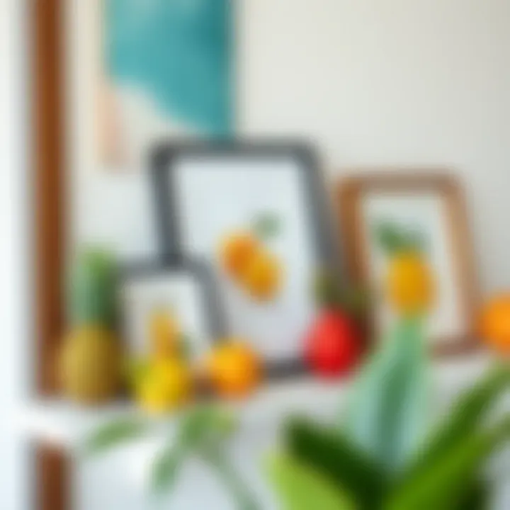 Stylish Fruit Frames on Shelf Stylish fruit picture frames displayed on a shelf, complementing contemporary home décor