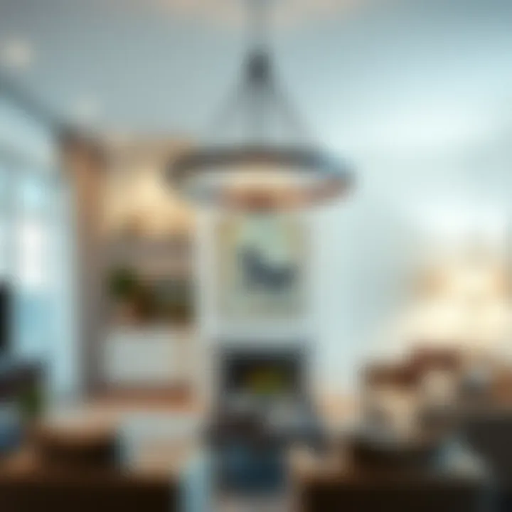 Stylish Living Space Enhanced by Iron Ring Chandelier A beautifully arranged living space enhanced by a stylish iron ring chandelier