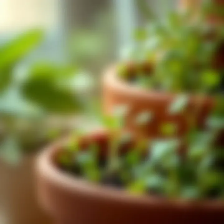 Close-up of microgreens thriving in terracotta planter