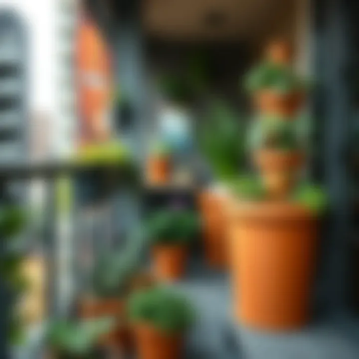Stylishly designed urban balcony featuring terracotta microgreen tower