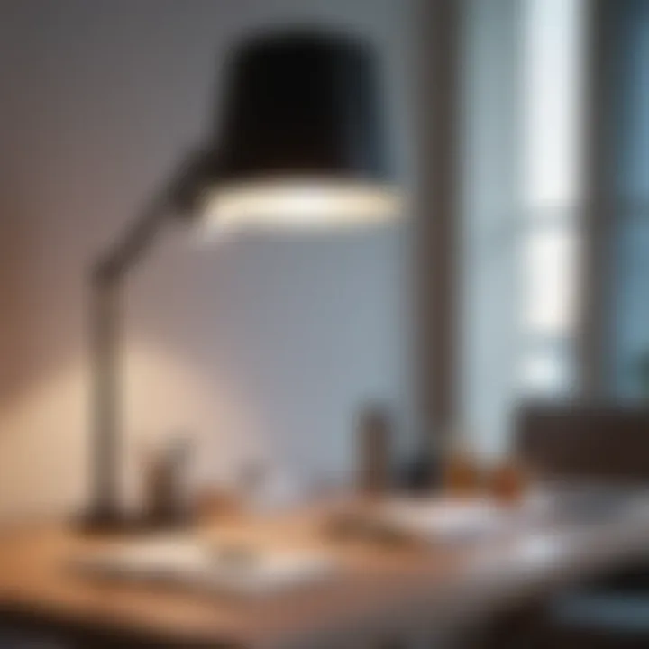 Modern Design Meets Functionality Stylish desk with a modern table lamp featuring a luminous base
