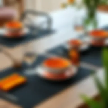Contrast of Styles: Black Mats and Vibrant Dinnerware Stylish black table mats paired with vibrant dinnerware