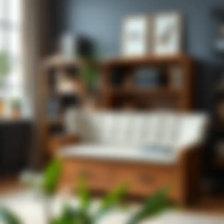 Elegant wooden bench file cabinet in a stylish office