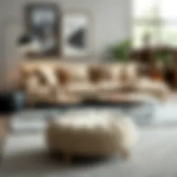 A stylish pouf ottoman with legs in a modern living room setting