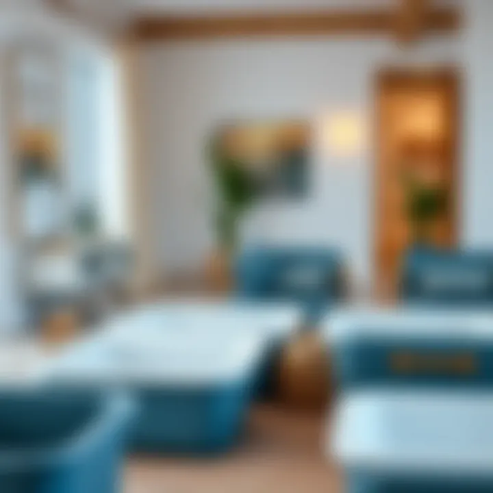 Stylish Arrangement of Square Tubs in Living Room Stylishly arranged square plastic tubs in a modern living room