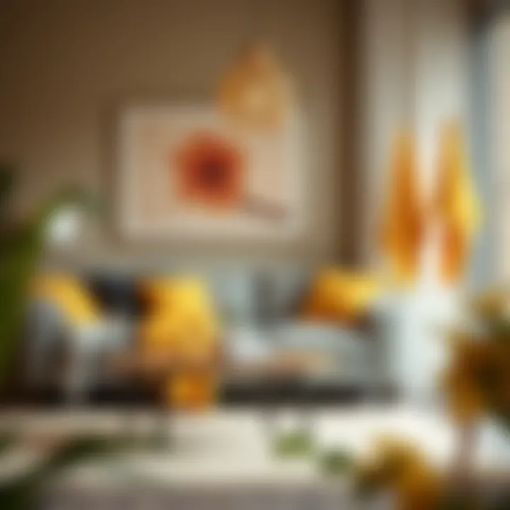 A cozy living space featuring decorative yellow towel sets