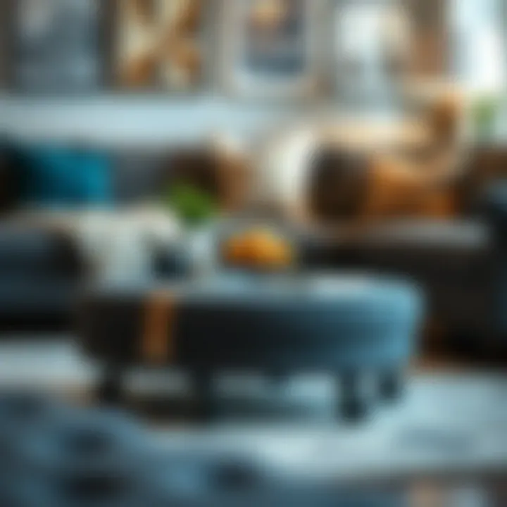 Round ottoman with wheels used as a functional coffee table