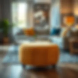 Stylish round ottoman with wheels in a modern living room setting