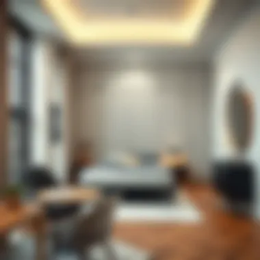 Stylish interior space featuring a vertical mount frameless Murphy bed in use.