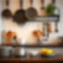 Stylish wall pan organizer featuring various kitchen utensils