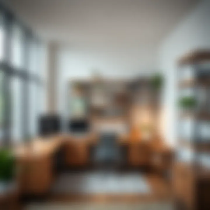 Contemporary office space enhanced by wood look shelving