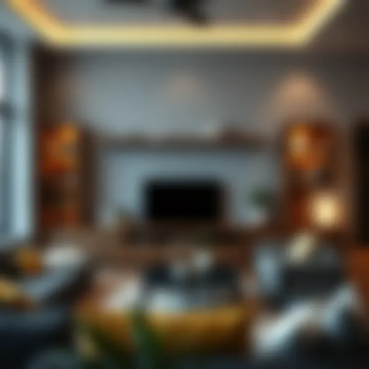 Stylish living room featuring wood look shelves