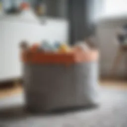 A beautifully designed fabric toy basket in a children's room