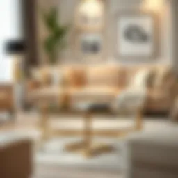 Elegant gold coffee table in a modern living room setting