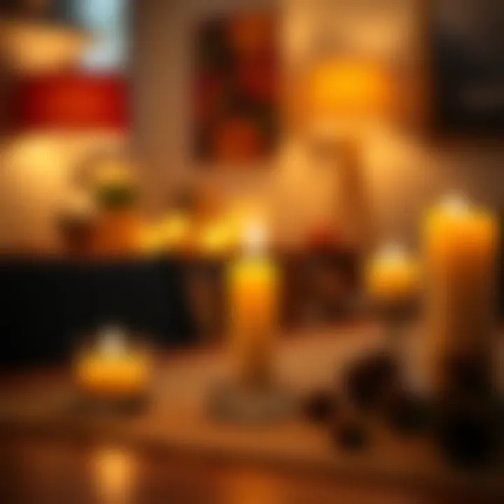 Close-up of a flameless LED candle with a warm glow on a dining table