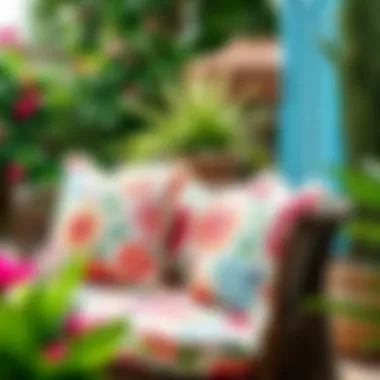 Floral cushions arranged in a stylish outdoor patio