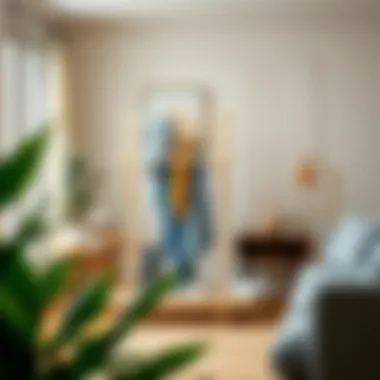 Stylish Wooden Drying Rack in Living Space A stylish wooden drying rack in a cozy living room setting.