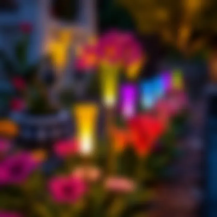 Vibrant LED Garden Stakes for a Lively Atmosphere Colorful LED garden stakes illuminating a flower bed