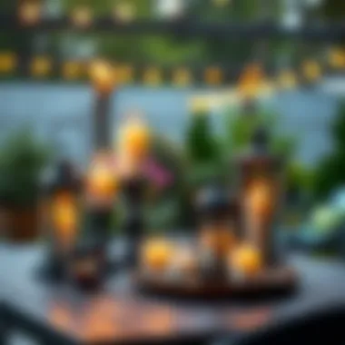 Artistic Candle and Lantern Display Creative arrangement of candles and lanterns on a patio table