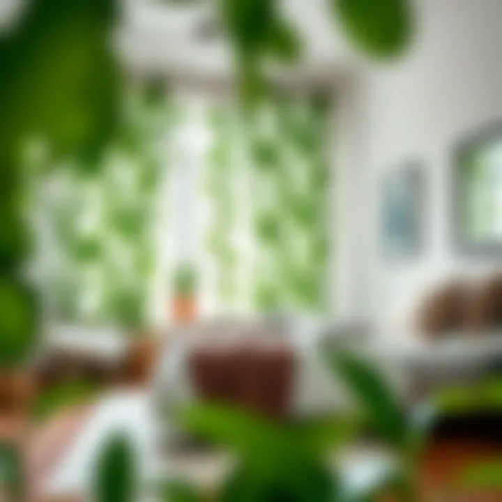 Cozy Bedroom with Serene Fake Plant Curtains Cozy bedroom with fake plant curtains providing privacy and a serene ambiance, blending elegance and comfort
