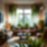 Elegant living room adorned with vibrant fake plant curtains bringing a refreshing touch of nature indoors